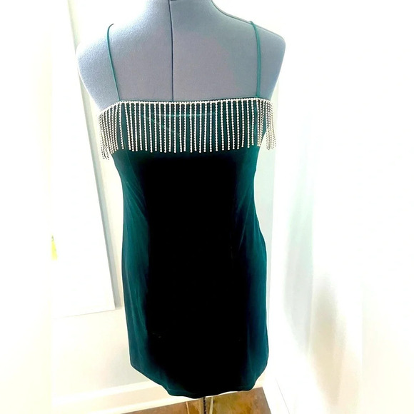 Xtraordinary Sz L Emerald Green Velvet Bodycon Rhinestone Fringe Slip Dress NWT - Picture 1 of 16